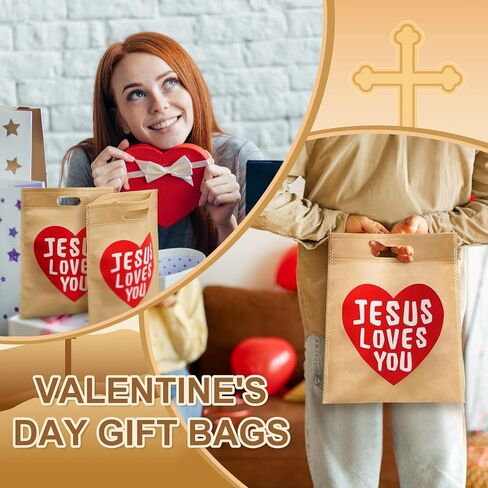 VitalCozy 24 Pcs 48 Pcs Jesus Loves You Bags Bulk Easter Reusable Non Woven Christian Religious Gift Bag with Handle Candy Tote (Light Brown) in Saudi Arabia