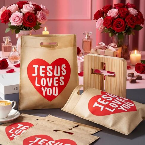 VitalCozy 24 Pcs 48 Pcs Jesus Loves You Bags Bulk Easter Reusable Non Woven Christian Religious Gift Bag with Handle Candy Tote (Light Brown) in Saudi Arabia
