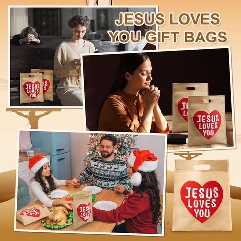 VitalCozy 24 Pcs 48 Pcs Jesus Loves You Bags Bulk Easter Reusable Non Woven Christian Religious Gift Bag with Handle Candy Tote (Light Brown) in Saudi Arabia