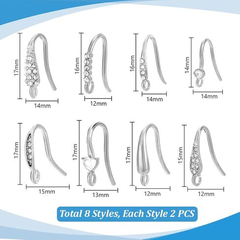 PH PandaHall 16pcs 8 Styles Cubic Zirconia Earring Hooks Silver Fish Hook Earring Wires 1417mm Long in Saudi Arabia