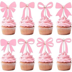 Bow Pearl Cupcake Toppers Pink Bow Birthday Party Decorations 24Pcs Coquette Bow Cupcake Picks Bowknot Bachelorette Cake Decoration for Girls Theme Wedding Engagement Bridal Shower Supplies in Kuwait