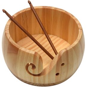 Wooden Yarn Bowl with Bamboo Crochet Hooks, Knitting Accessories DIY Hand Craft Yarn Holder Dispenser Storage Bowl for Skeins, Birthday Gifts for Crocheters Knitting Lovers(Color:Varnish Color) in Kuwait
