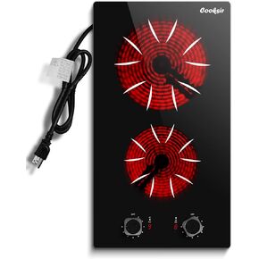 Cooksir Electric Cooktop 12 inch, 110v Countertop Electric Stove Top 2000W, 2 Burners Ceramic Cooktop with Residual Heat Indicator, Over-Temperature Protection, 9 Power Levels, Knob Control in Kuwait