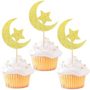 24 Pcs Birthday Cupcake Toppers Golden Glitter Star Moon Cupcake Decorations Suitable for All Kinds Of Birthday Party Cake Decoration Supplies in Kuwait