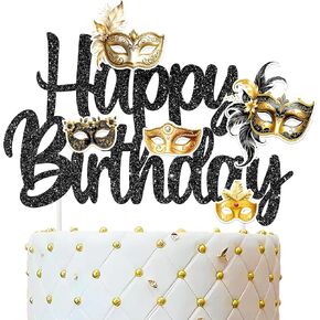 Masquerade Mask Happy Birthday Cake Topper Black Glitter Mask Birthday Party Decorations Masquerade Mardi Gras Theme Cake Picks for Bachelorette Carnival Dancing Party Supplies in Saudi Arabia