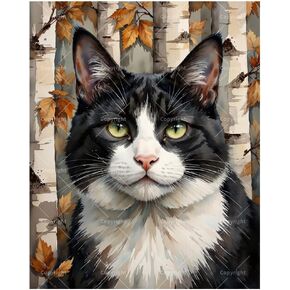مجموعة طلاء بالأرقام من Tuxedo Cat للبالغين - لوحة قطة باللونين الأبيض والأسود في غابة الخريف على القماش مقاس 16 × 20 بوصة، مجموعة طلاء أكريليك، مناسبة للمبتدئين، فن لتزيين المنزل أو الهدايا in Kuwait