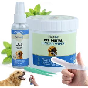 Pet Dental Finger Wipes for Dogs & Cats – 50 Mint Flavor Dog Dental Wipes + Mint Fresh Breath Spray, Dog Tooth Brushing Kit, Helps Remove Bad Breath & Plaque & Tartar Buildup in Saudi Arabia