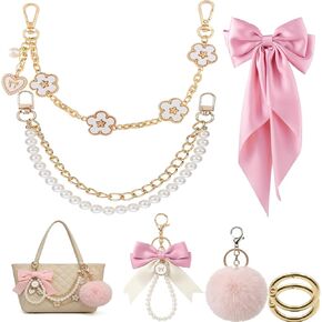 Pink Satin Bow Hair Clip & Gold Flower Bag Charms Set - Coquette Aesthetic DIY Purse Chain Extender, Pearl Keychain Accessories with Fluffy Pompom for Handbags Women Girls in Saudi Arabia