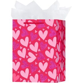 OFIHANLY 12.6" Medium Size Happy Valentine's Day Gift Bags with Handles for Women Men Pink Heart Paper Gift Wrap Bags with Tissue Paper for Kids in Kuwait