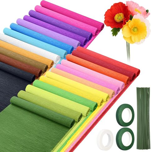 Humyoun 24 Rolls Crepe Paper Streamers 16 x 98 Inch Colorful Crepe Paper Sheets with Floral Stem Wires & Floral Tapes for Flower Making DIY Crafts Birthday Wedding Decoration in Saudi Arabia