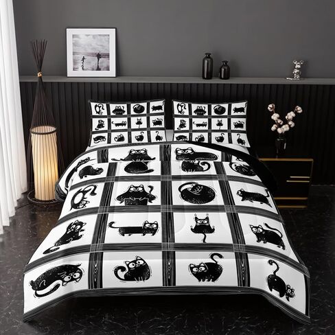 Kids Cartoon Cat Comforter Bedding Set Twin,Black Cat and Grid Bedding Set 3 Piece for Teens Kids Boys Girls Adults Room Decor Animals Print Comforter 2 Pillow Cases in Saudi Arabia