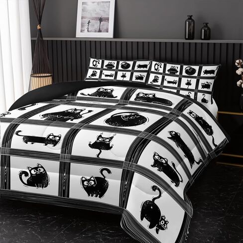 Kids Cartoon Cat Comforter Bedding Set Twin,Black Cat and Grid Bedding Set 3 Piece for Teens Kids Boys Girls Adults Room Decor Animals Print Comforter 2 Pillow Cases in Saudi Arabia