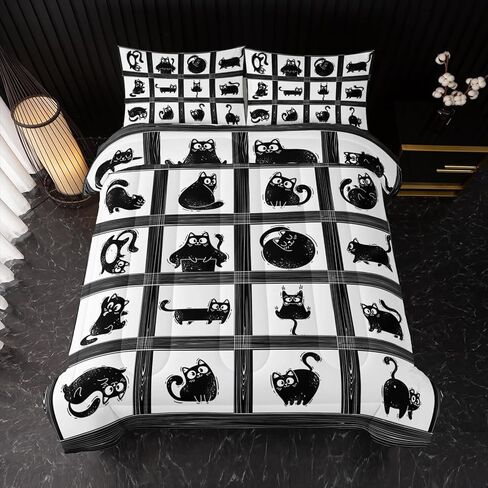 Kids Cartoon Cat Comforter Bedding Set Twin,Black Cat and Grid Bedding Set 3 Piece for Teens Kids Boys Girls Adults Room Decor Animals Print Comforter 2 Pillow Cases in Saudi Arabia