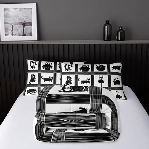 Kids Cartoon Cat Comforter Bedding Set Twin,Black Cat and Grid Bedding Set 3 Piece for Teens Kids Boys Girls Adults Room Decor Animals Print Comforter 2 Pillow Cases in Saudi Arabia