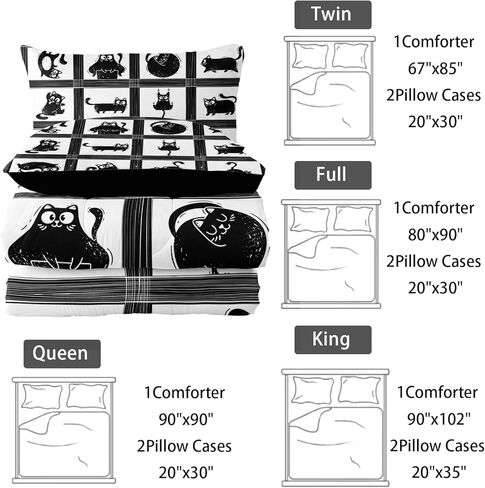 Kids Cartoon Cat Comforter Bedding Set Twin,Black Cat and Grid Bedding Set 3 Piece for Teens Kids Boys Girls Adults Room Decor Animals Print Comforter 2 Pillow Cases in Saudi Arabia