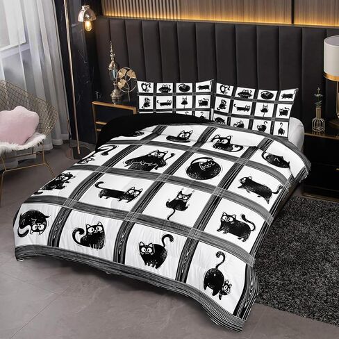 Kids Cartoon Cat Comforter Bedding Set Twin,Black Cat and Grid Bedding Set 3 Piece for Teens Kids Boys Girls Adults Room Decor Animals Print Comforter 2 Pillow Cases in Saudi Arabia