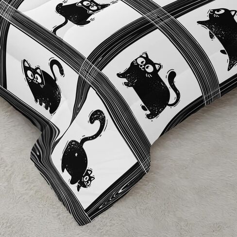 Kids Cartoon Cat Comforter Bedding Set Twin,Black Cat and Grid Bedding Set 3 Piece for Teens Kids Boys Girls Adults Room Decor Animals Print Comforter 2 Pillow Cases in Saudi Arabia