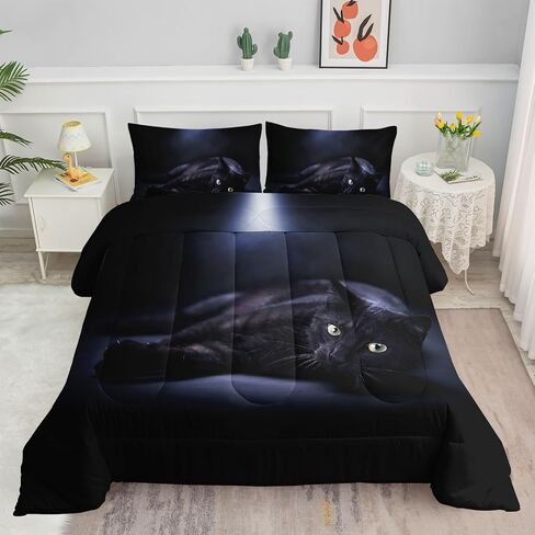 Cat Bedding Comforter Set Black in Dark 3D Digital Printed Pattern Quilt with 1 and 2 Pillowcases for Adult Kids Bedroom All Season(Black Twin), Twin 68x86inches in Saudi Arabia