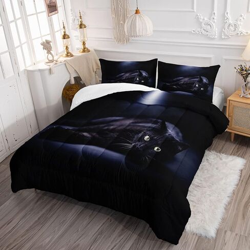 Cat Bedding Comforter Set Black in Dark 3D Digital Printed Pattern Quilt with 1 and 2 Pillowcases for Adult Kids Bedroom All Season(Black Twin), Twin 68x86inches in Saudi Arabia