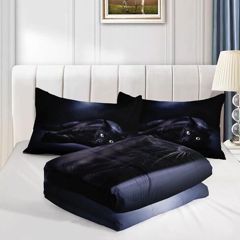 Cat Bedding Comforter Set Black in Dark 3D Digital Printed Pattern Quilt with 1 and 2 Pillowcases for Adult Kids Bedroom All Season(Black Twin), Twin 68x86inches in Saudi Arabia