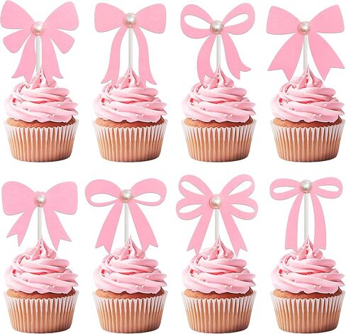 Bow Pearl Cupcake Toppers Pink Bow Birthday Party Decorations 24Pcs Coquette Bow Cupcake Picks Bowknot Bachelorette Cake Decoration for Girls Theme Wedding Engagement Bridal Shower Supplies in Saudi Arabia