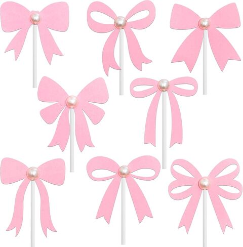 Bow Pearl Cupcake Toppers Pink Bow Birthday Party Decorations 24Pcs Coquette Bow Cupcake Picks Bowknot Bachelorette Cake Decoration for Girls Theme Wedding Engagement Bridal Shower Supplies in Saudi Arabia