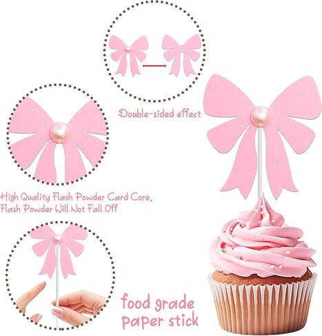 Bow Pearl Cupcake Toppers Pink Bow Birthday Party Decorations 24Pcs Coquette Bow Cupcake Picks Bowknot Bachelorette Cake Decoration for Girls Theme Wedding Engagement Bridal Shower Supplies in Saudi Arabia