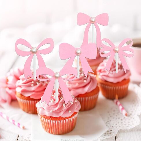 Bow Pearl Cupcake Toppers Pink Bow Birthday Party Decorations 24Pcs Coquette Bow Cupcake Picks Bowknot Bachelorette Cake Decoration for Girls Theme Wedding Engagement Bridal Shower Supplies in Saudi Arabia