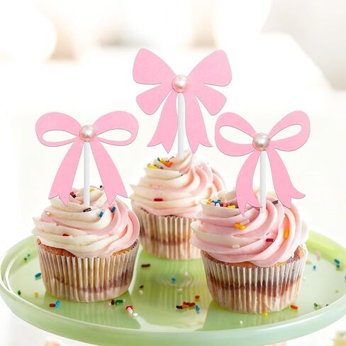 Bow Pearl Cupcake Toppers Pink Bow Birthday Party Decorations 24Pcs Coquette Bow Cupcake Picks Bowknot Bachelorette Cake Decoration for Girls Theme Wedding Engagement Bridal Shower Supplies in Saudi Arabia