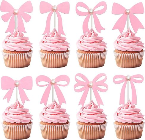 Bow Pearl Cupcake Toppers Pink Bow Birthday Party Decorations 24Pcs Coquette Bow Cupcake Picks Bowknot Bachelorette Cake Decoration for Girls Theme Wedding Engagement Bridal Shower Supplies in Saudi Arabia