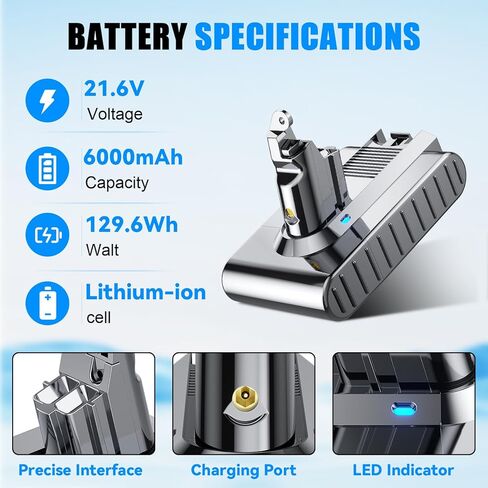 بطارية TURPOW 6.0Ah 21.6V بديلة V6 متوافقة مع بطارية Dyson V6 vtc4 SV03 SV04 DC58 DC59 DC61 DC62 DC72 DC74 Animal 595 650 770 880 SV05 SV06 SV07 SV09 مكنسة كهربائية محمولة in Kuwait