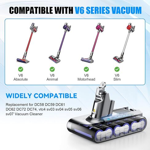 بطارية TURPOW 6.0Ah 21.6V بديلة V6 متوافقة مع بطارية Dyson V6 vtc4 SV03 SV04 DC58 DC59 DC61 DC62 DC72 DC74 Animal 595 650 770 880 SV05 SV06 SV07 SV09 مكنسة كهربائية محمولة in Kuwait