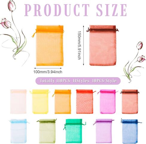 110Pcs Organza Bags Colorful Jewellery Storage Pouches Wedding Favour Party Mesh Drawstring Gift Wrapping Pouches for Candy Jewelry 15x10cm in Saudi Arabia