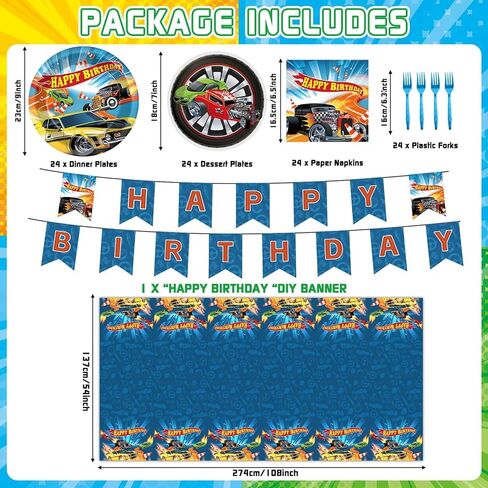 98Pcs Race Car Birthday Party Supplies Hot Car Paper Plates and Napkins Rectangle Plastic Tablecloth Banner Racing Cars Disposable Tableware Set for Boys Kids Birthday Party Decorations Serves 24 in Saudi Arabia