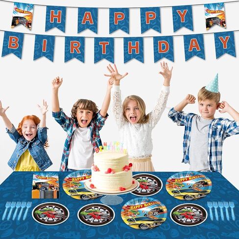 98Pcs Race Car Birthday Party Supplies Hot Car Paper Plates and Napkins Rectangle Plastic Tablecloth Banner Racing Cars Disposable Tableware Set for Boys Kids Birthday Party Decorations Serves 24 in Saudi Arabia