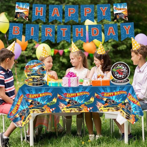 98Pcs Race Car Birthday Party Supplies Hot Car Paper Plates and Napkins Rectangle Plastic Tablecloth Banner Racing Cars Disposable Tableware Set for Boys Kids Birthday Party Decorations Serves 24 in Saudi Arabia