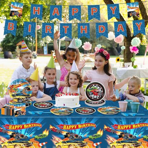 98Pcs Race Car Birthday Party Supplies Hot Car Paper Plates and Napkins Rectangle Plastic Tablecloth Banner Racing Cars Disposable Tableware Set for Boys Kids Birthday Party Decorations Serves 24 in Saudi Arabia