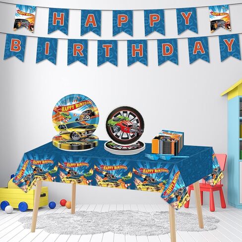 98Pcs Race Car Birthday Party Supplies Hot Car Paper Plates and Napkins Rectangle Plastic Tablecloth Banner Racing Cars Disposable Tableware Set for Boys Kids Birthday Party Decorations Serves 24 in Saudi Arabia