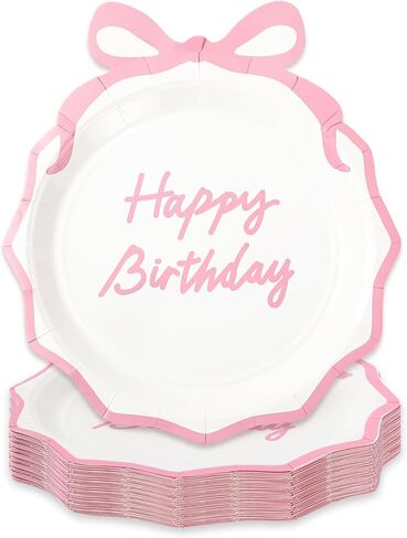 50Pcs Pink Bow Birthday Party Supplies Pink Bow Paper Plates Coquette Cute Disposable Plate 9" Bowknot Shaped Dessert Plate for Bachelorette Bridal Engagement Baby Shower Birthday Party Decor in Saudi Arabia