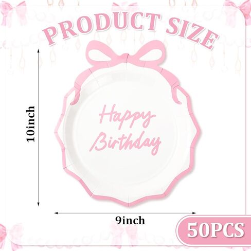 50Pcs Pink Bow Birthday Party Supplies Pink Bow Paper Plates Coquette Cute Disposable Plate 9" Bowknot Shaped Dessert Plate for Bachelorette Bridal Engagement Baby Shower Birthday Party Decor in Saudi Arabia