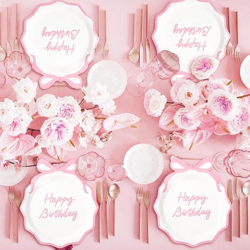 50Pcs Pink Bow Birthday Party Supplies Pink Bow Paper Plates Coquette Cute Disposable Plate 9" Bowknot Shaped Dessert Plate for Bachelorette Bridal Engagement Baby Shower Birthday Party Decor in Saudi Arabia