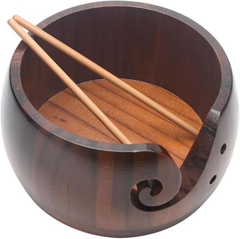 Wooden Yarn Bowl with Bamboo Crochet Hooks, Knitting Accessories DIY Hand Craft Yarn Holder Dispenser Storage Bowl for Skeins, Birthday Gifts for Crocheters Knitting Lovers(Color:Varnish Color) in Kuwait