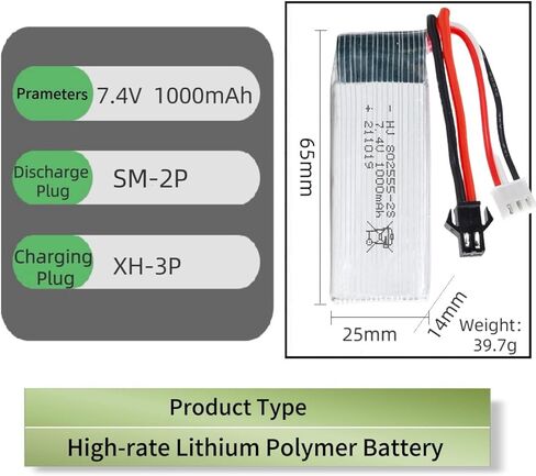 2 Pack 7.4V 1000mAh for Electric Soft Gun,Model Airplane,RC Cars,RC Boat,RC Truck,FPV UAV RemoteRechargeable Li-ion Battery Pack with SM-2P Joint and USB Charging Cable in Saudi Arabia