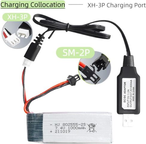2 Pack 7.4V 1000mAh for Electric Soft Gun,Model Airplane,RC Cars,RC Boat,RC Truck,FPV UAV RemoteRechargeable Li-ion Battery Pack with SM-2P Joint and USB Charging Cable in Saudi Arabia