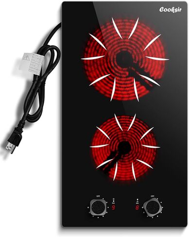Cooksir Electric Cooktop 12 inch, 110v Countertop Electric Stove Top 2000W, 2 Burners Ceramic Cooktop with Residual Heat Indicator, Over-Temperature Protection, 9 Power Levels, Knob Control in Kuwait