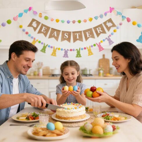 راية عيد الفصح، 4 قطع من رايات الخيش الطبيعي لعيد الفصح وأرنب لطيف مع كرة بوم بوم ملونة على شكل إكليل صور دعائم لحفلات الربيع ديكور معلق للمنزل والمكتب والفصول الدراسية in Kuwait