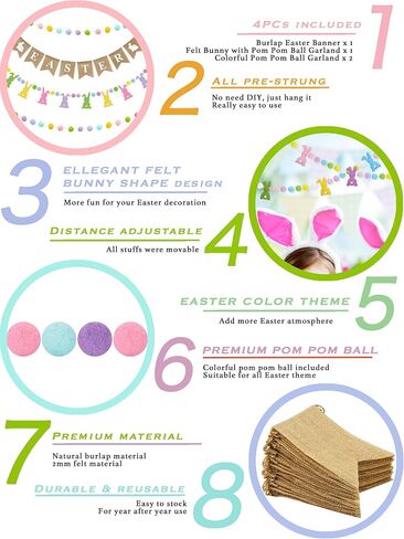 راية عيد الفصح، 4 قطع من رايات الخيش الطبيعي لعيد الفصح وأرنب لطيف مع كرة بوم بوم ملونة على شكل إكليل صور دعائم لحفلات الربيع ديكور معلق للمنزل والمكتب والفصول الدراسية in Kuwait