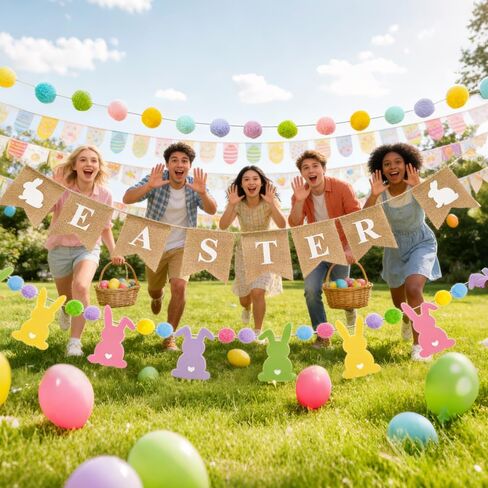 راية عيد الفصح، 4 قطع من رايات الخيش الطبيعي لعيد الفصح وأرنب لطيف مع كرة بوم بوم ملونة على شكل إكليل صور دعائم لحفلات الربيع ديكور معلق للمنزل والمكتب والفصول الدراسية in Kuwait