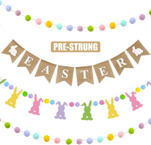 راية عيد الفصح، 4 قطع من رايات الخيش الطبيعي لعيد الفصح وأرنب لطيف مع كرة بوم بوم ملونة على شكل إكليل صور دعائم لحفلات الربيع ديكور معلق للمنزل والمكتب والفصول الدراسية in Kuwait