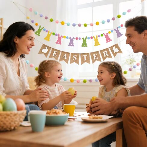 راية عيد الفصح، 4 قطع من رايات الخيش الطبيعي لعيد الفصح وأرنب لطيف مع كرة بوم بوم ملونة على شكل إكليل صور دعائم لحفلات الربيع ديكور معلق للمنزل والمكتب والفصول الدراسية in Kuwait